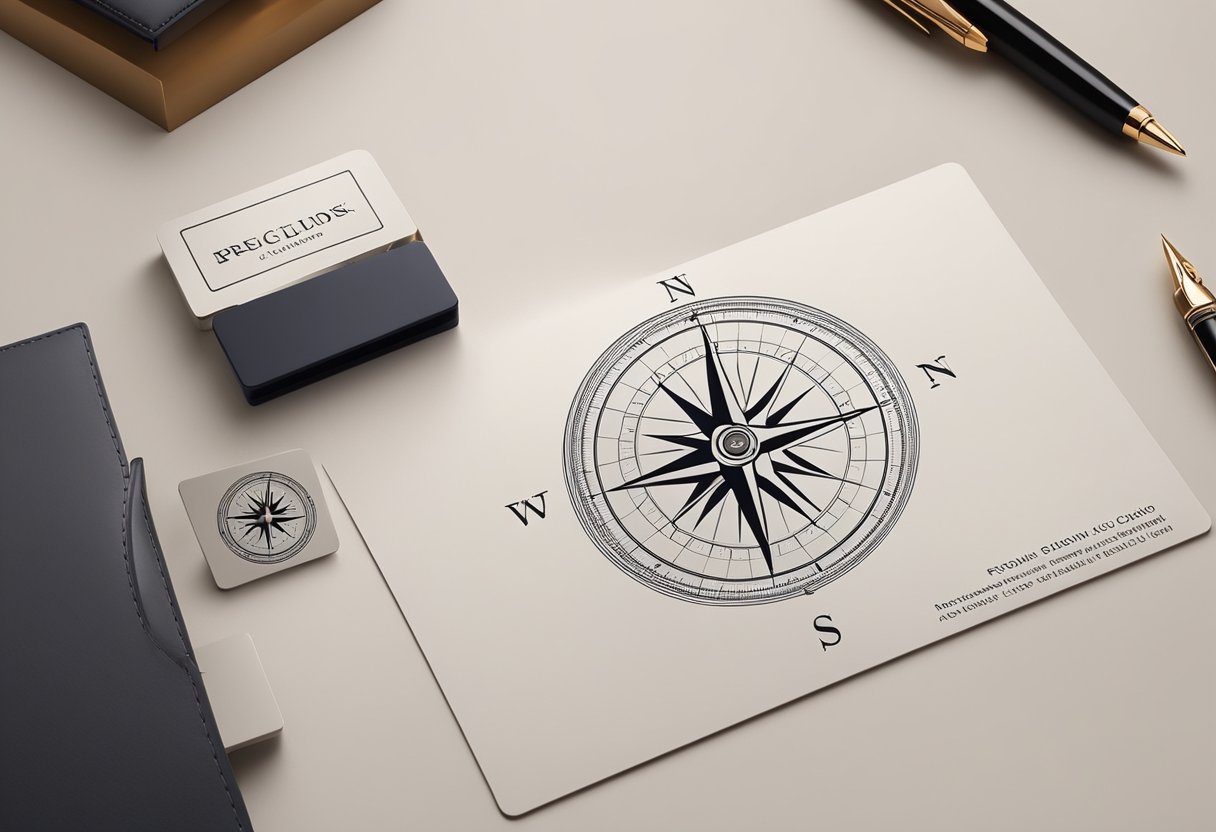 A compass rests on a sleek corporate desk, surrounded by elegant stationery and a polished business card holder. The logo of a prestigious company is subtly embossed on the gift