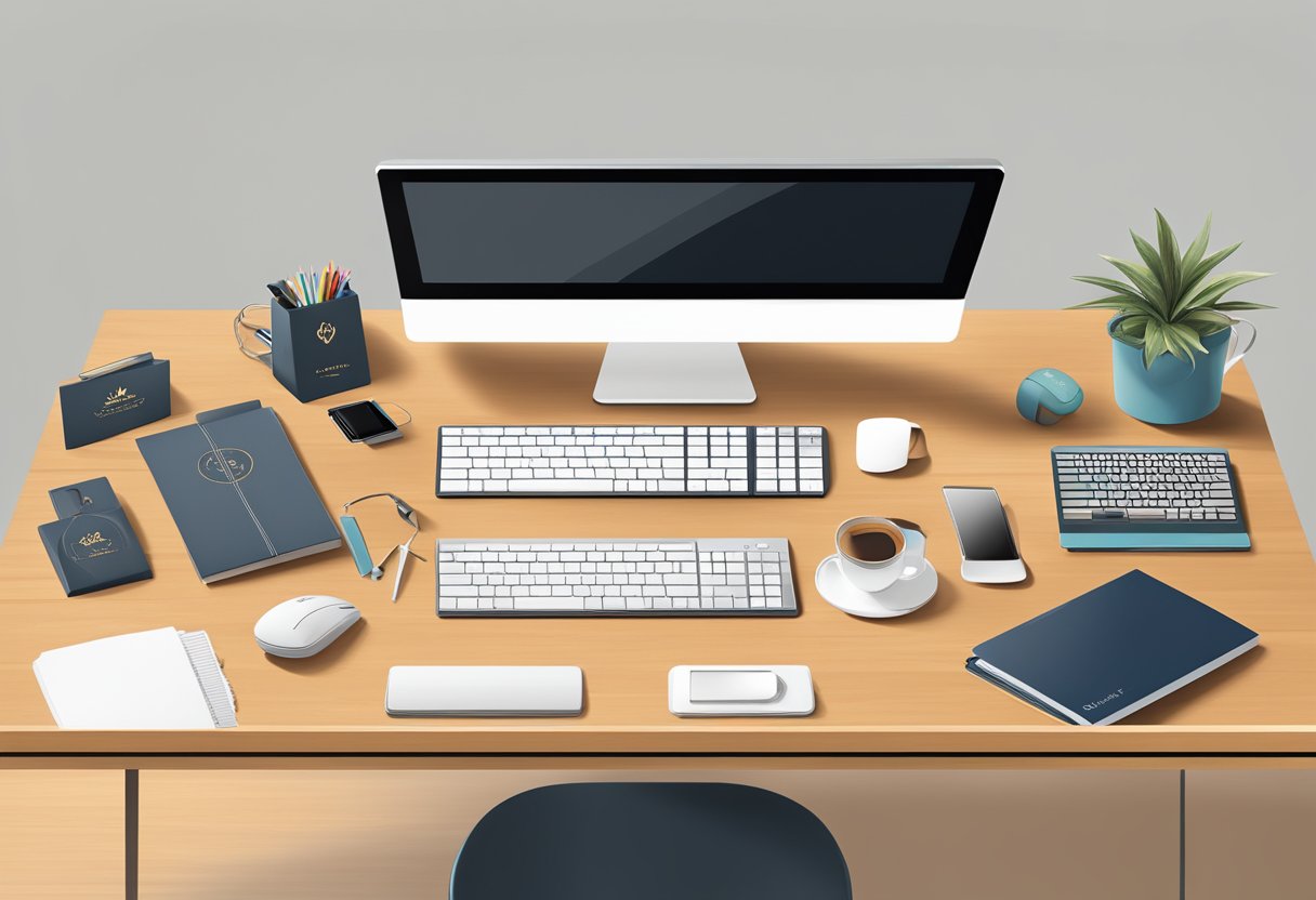 A sleek, modern office desk adorned with unique corporate gifts: custom engraved tech gadgets, stylish branded stationery, and artisanal gift baskets