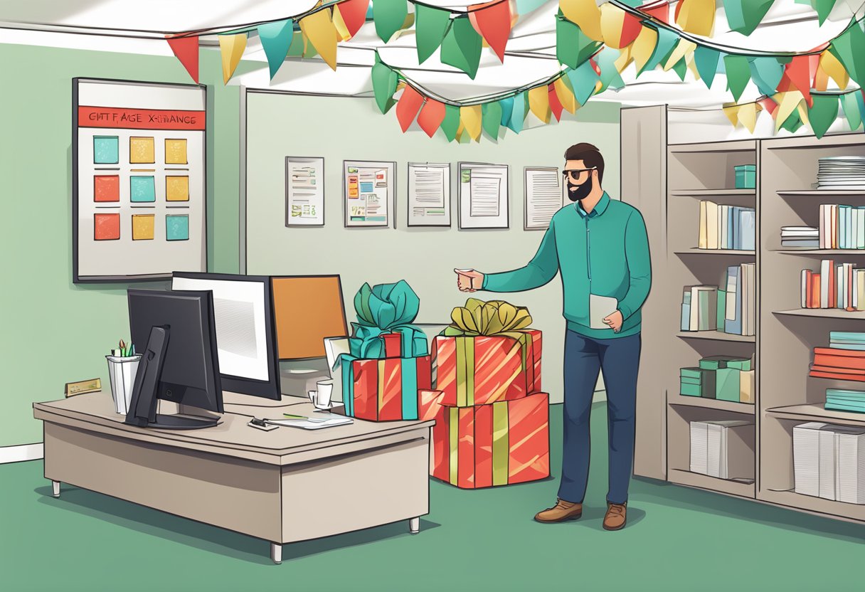 A festive office setting with gift exchange display and FAQ signage