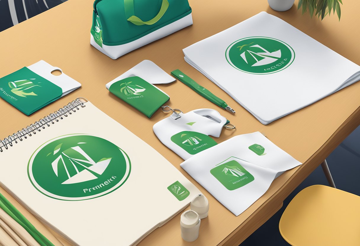 A corporate logo being printed on eco-friendly tote bags, reusable water bottles, and bamboo desk organizers