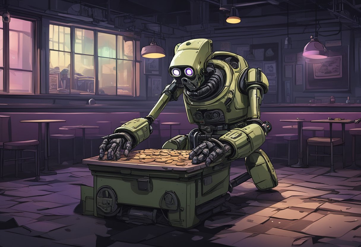 A broken animatronic lies in a dark, abandoned pizzeria, surrounded by flickering lights and ominous shadows