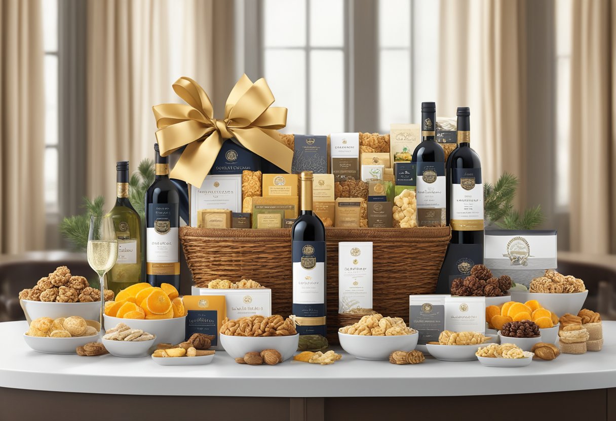 A table adorned with elegant, custom-branded gift baskets. Shiny ribbons, gourmet treats, and premium wines displayed attractively. A sign reads "Frequently Asked Questions luxury corporate gift baskets."