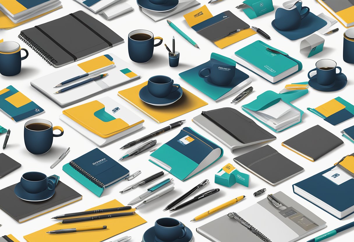 A table displays branded corporate door gifts, including pens, notebooks, and mugs. A company logo is prominently featured on each item