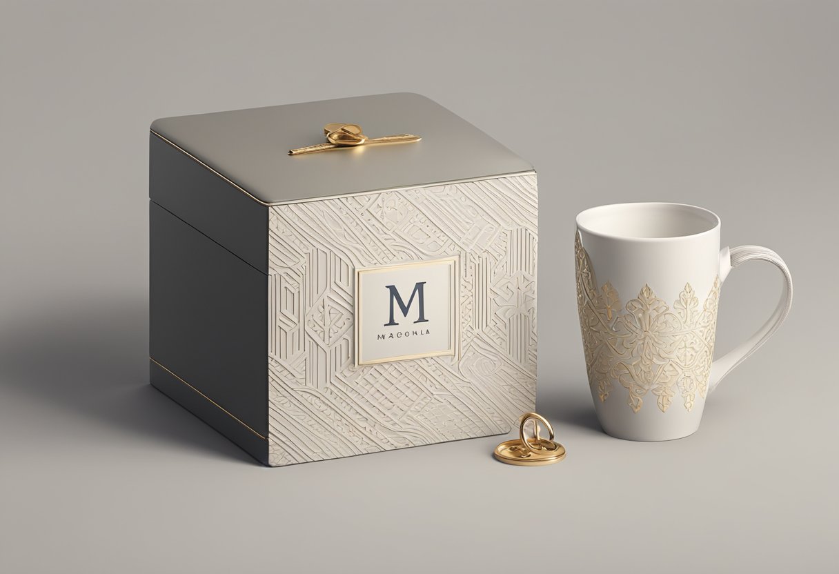 A gift box with a simple, elegant design. A logo or monogram is subtly embossed on the box lid. The box is surrounded by various personalized items like mugs, notebooks, and keychains