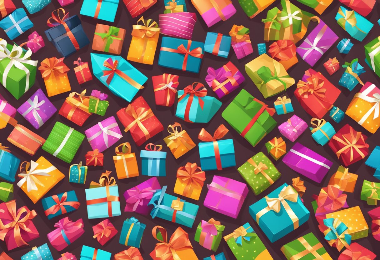Colorful wrapped presents scattered on a wooden floor with a festive ribbon and bow