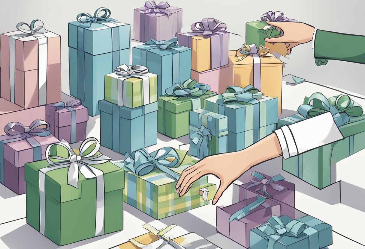 A table displays an array of elegant corporate gifts from Marks and Spencer. A hand reaches out to select a gift box tied with a ribbon