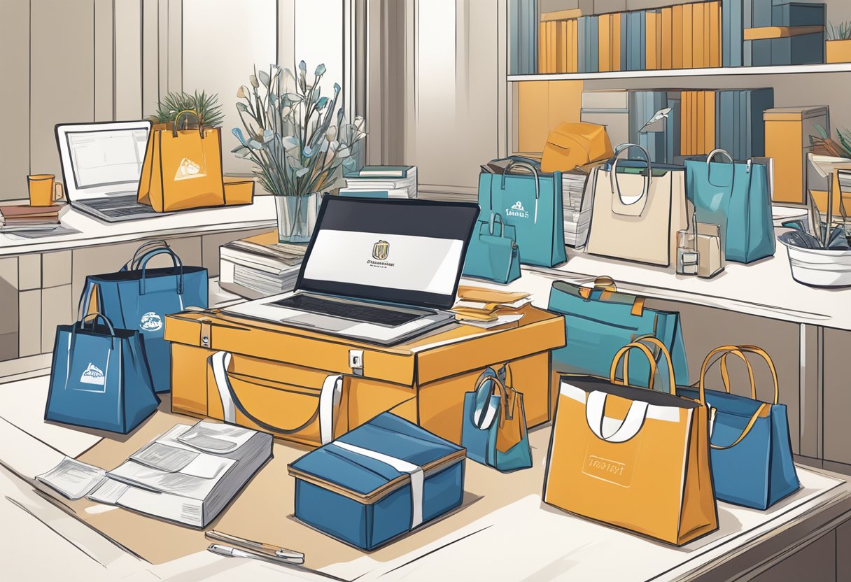 A table adorned with corporate gifts, including branded tote bags, is being carefully managed by a professional