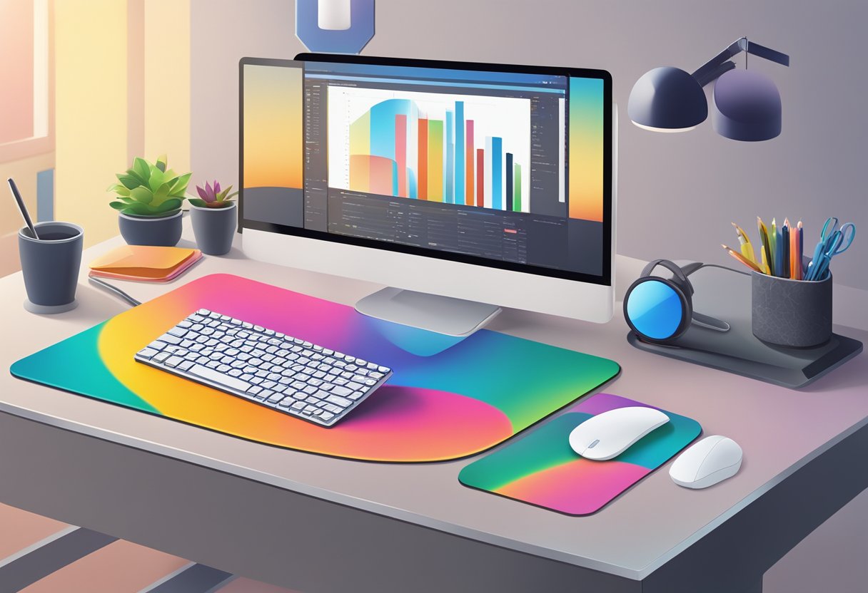 A mouse pad sits on a desk, surrounded by a computer mouse and keyboard. The pad is smooth and rectangular, with a colorful design