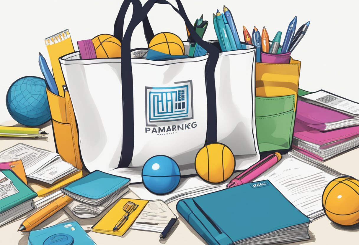 A branded tote bag filled with FAQ pamphlets, stress balls, and logo pens