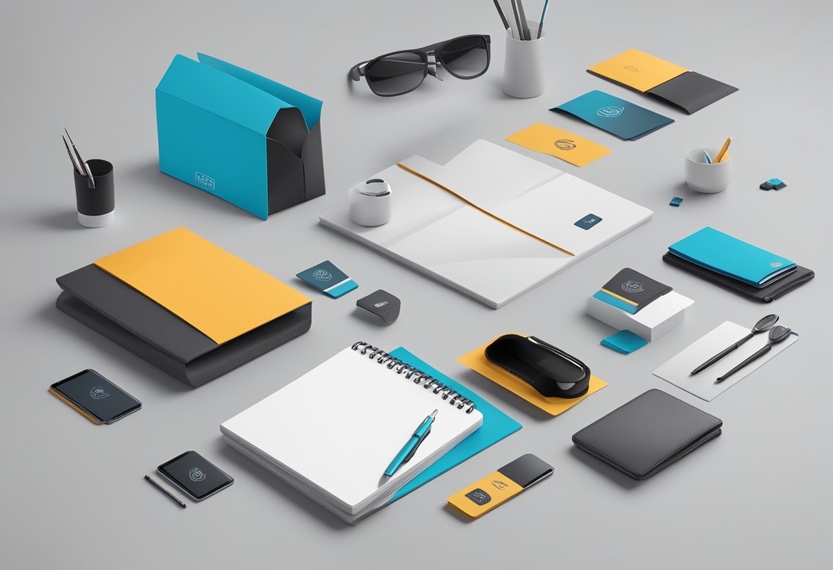 A group of unique and innovative corporate gifts displayed on a sleek and modern table, surrounded by professional and strategic branding materials
