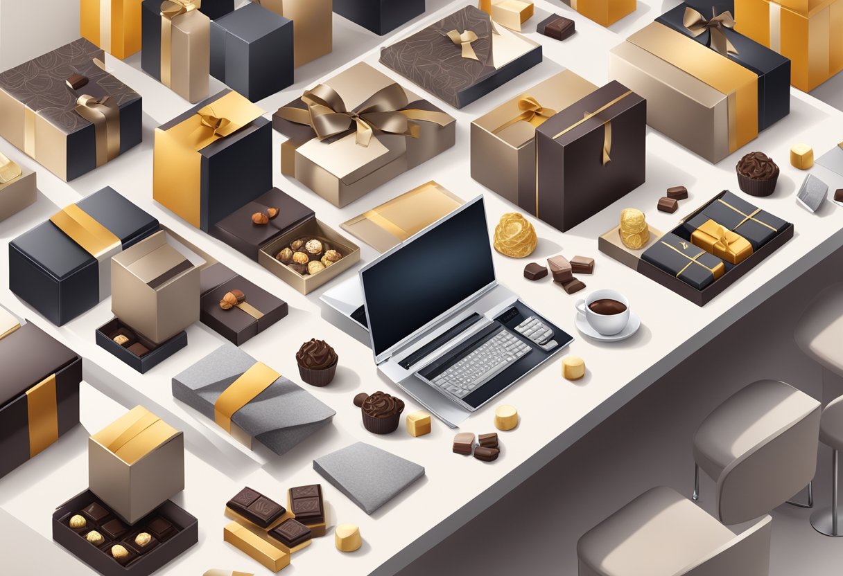 A sleek, modern office desk adorned with an array of luxurious corporate chocolate gifts, neatly arranged in elegant packaging