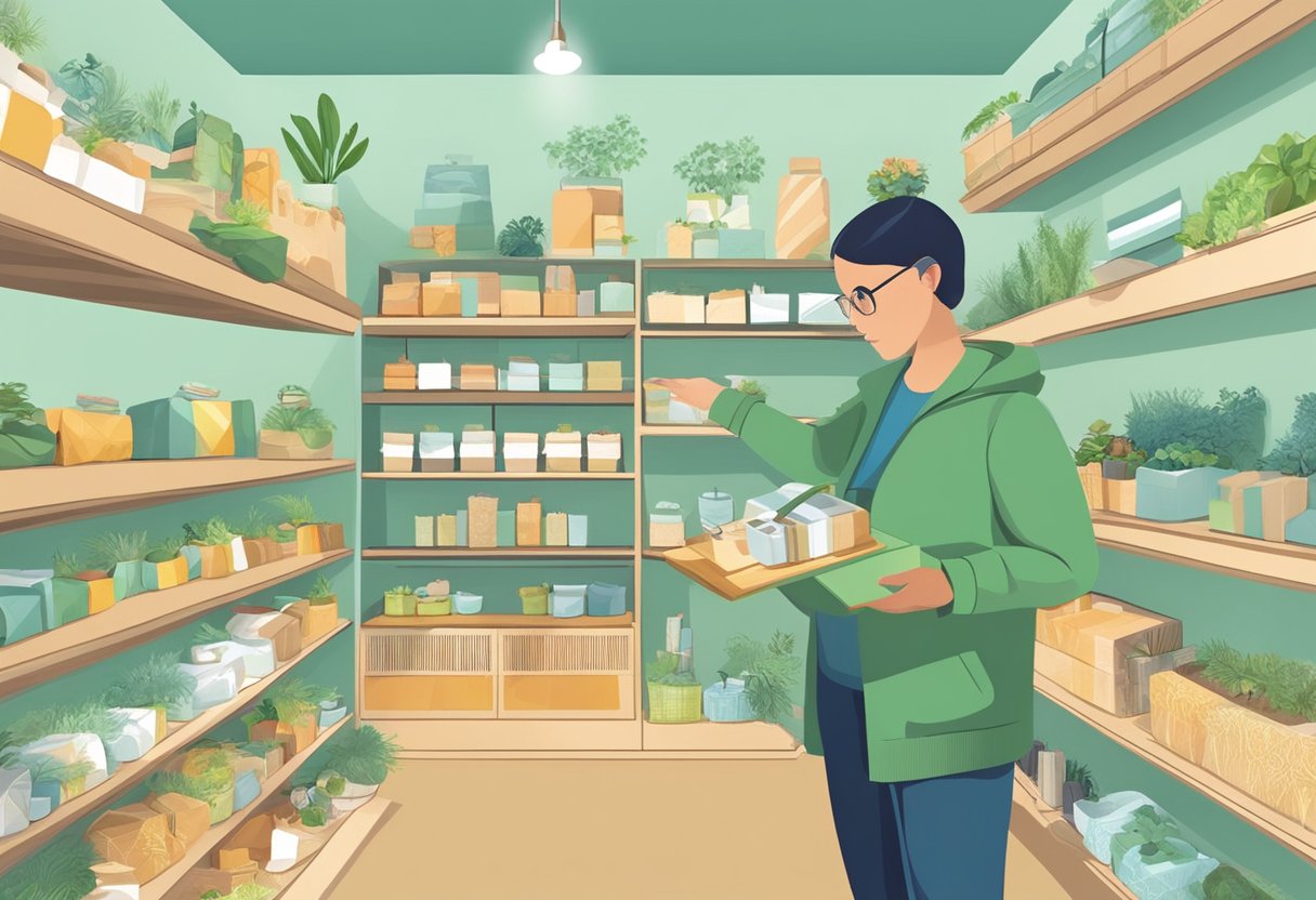 A person choosing eco-friendly gifts from a display of sustainable products