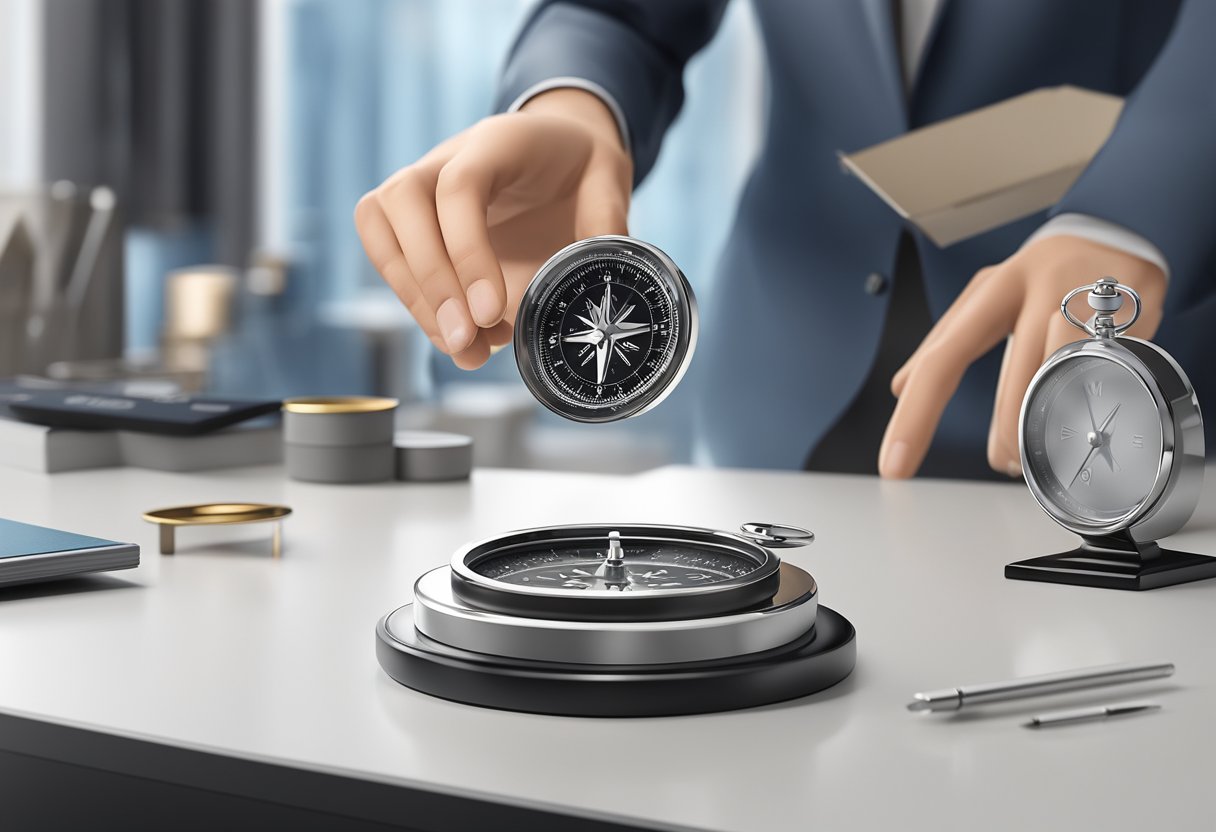 A hand reaches for a polished compass among a selection of corporate gifts on a sleek, modern display