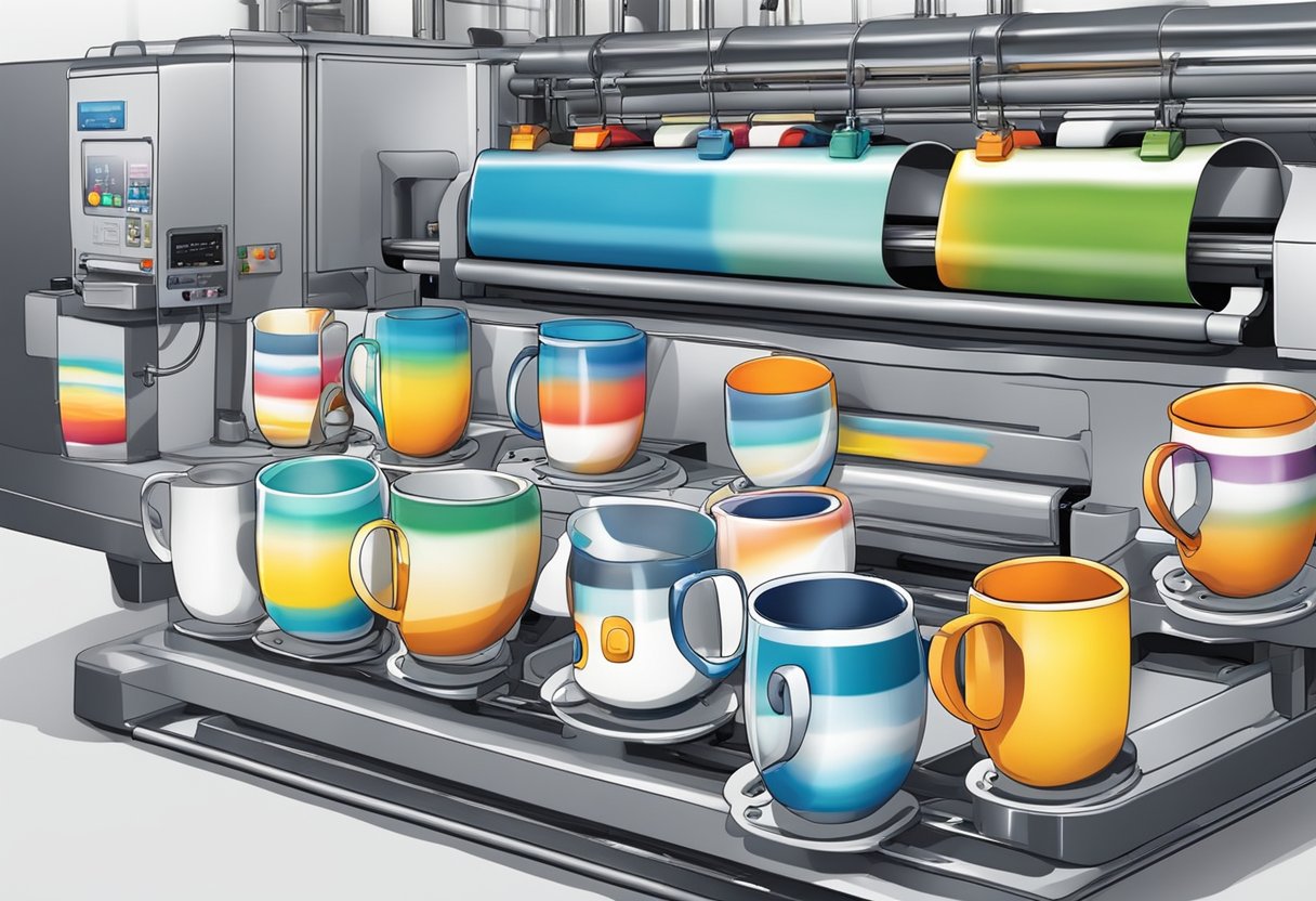 Mugs being printed with colorful designs and logos. Ink flowing onto the surface, while the machine presses the image onto the ceramic