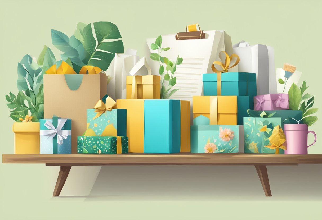 A table with various eco-friendly gift items. A banner with "Frequently Asked Questions sustainable gifts" above