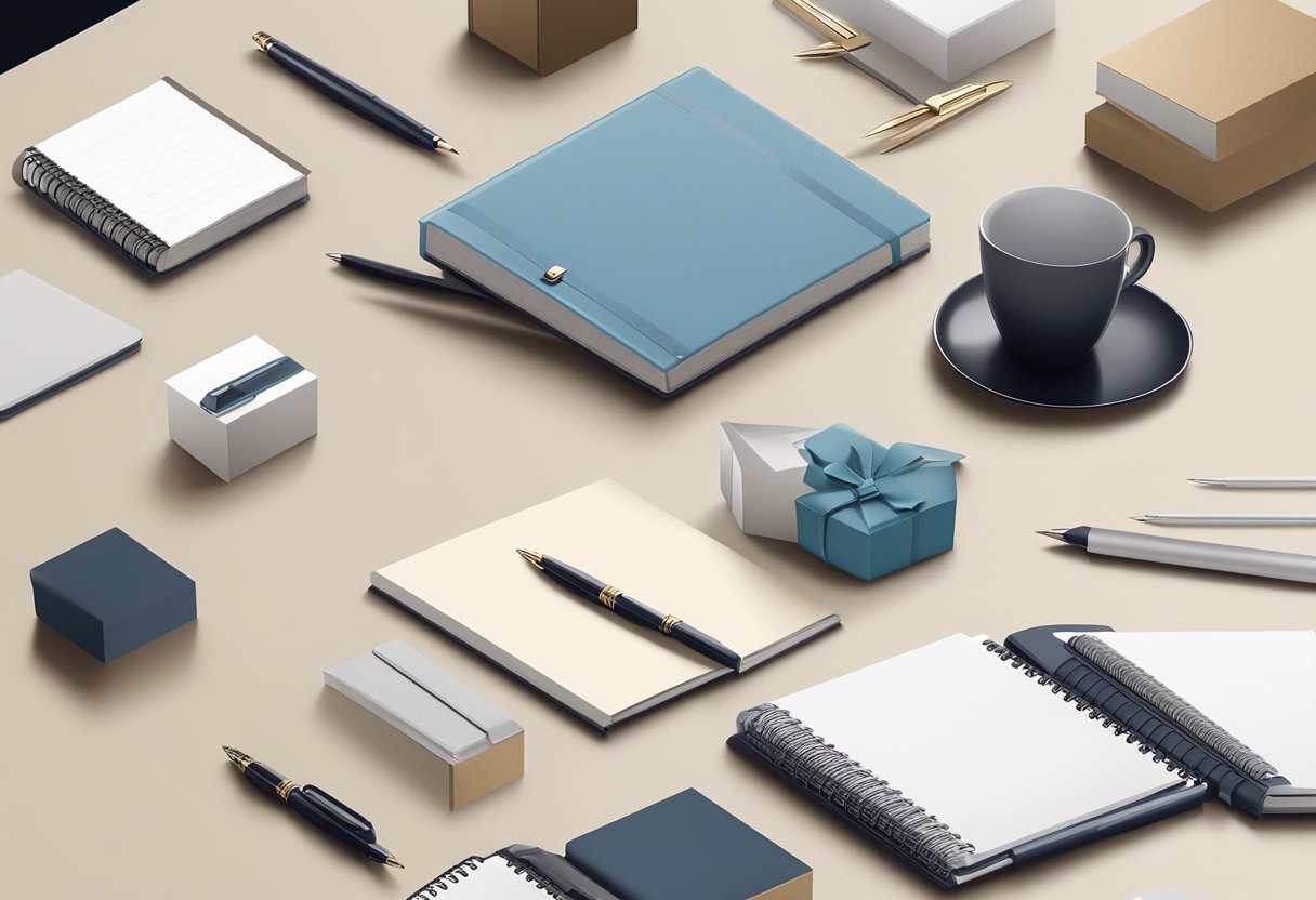 A hand reaches for a selection of elegant corporate door gifts on a table, including branded pens, sleek notebooks, and premium gift sets