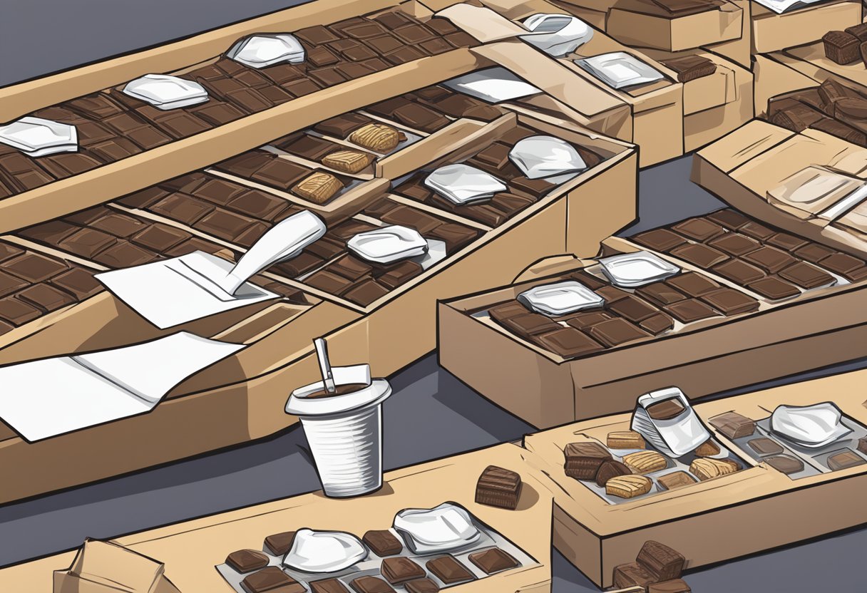 A corporate logo being printed on a box of chocolates, while a customer fills out a custom order form with various options and preferences