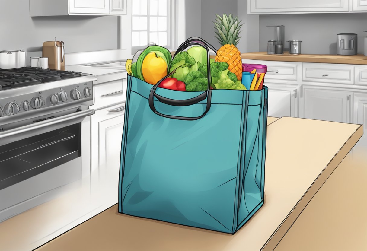 A nylon foldable shopping bag sits open on a kitchen counter, ready to be used