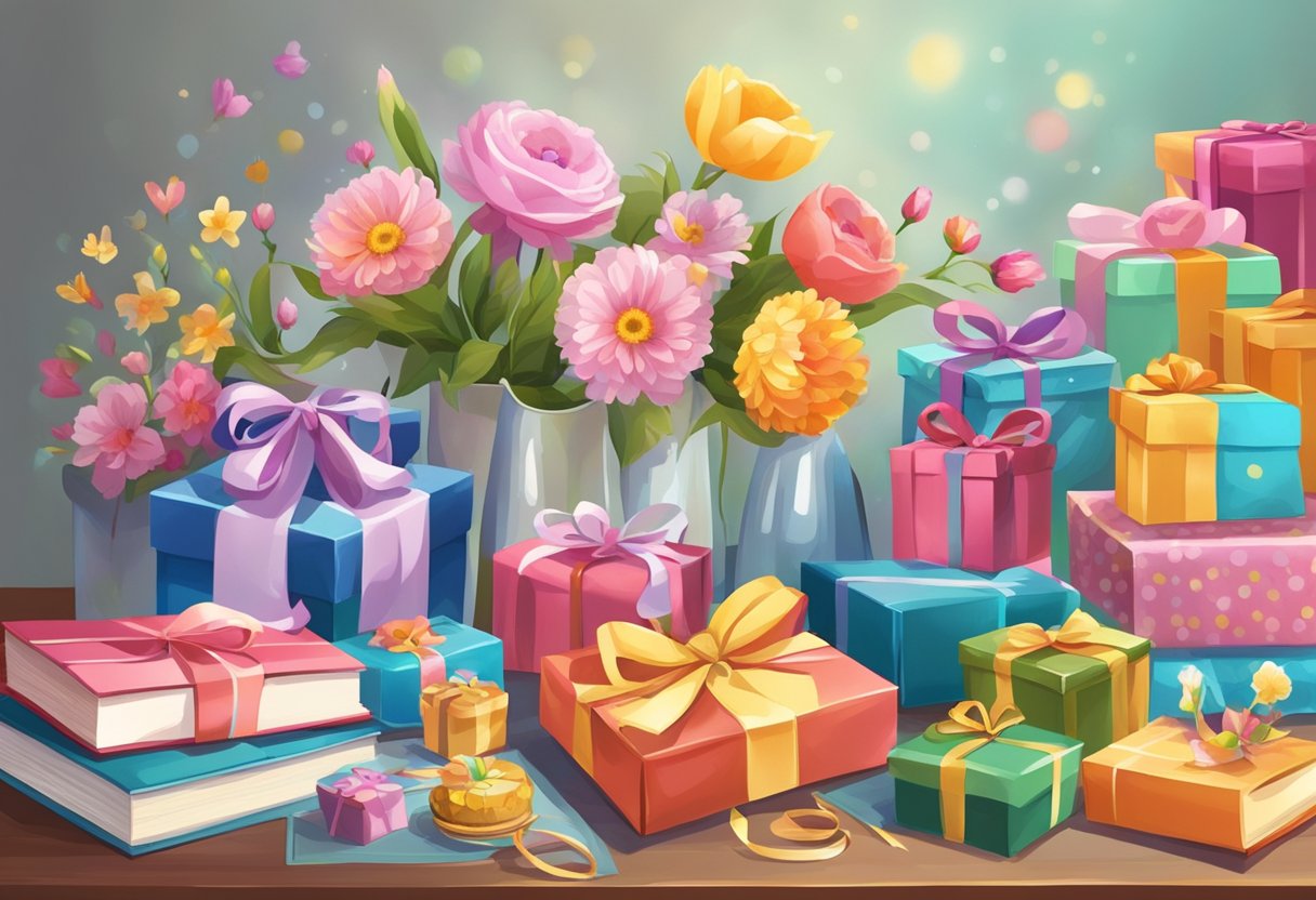 Various gifts arranged on a table: flowers for birthdays, books for graduations, jewelry for anniversaries, and toys for children's parties
