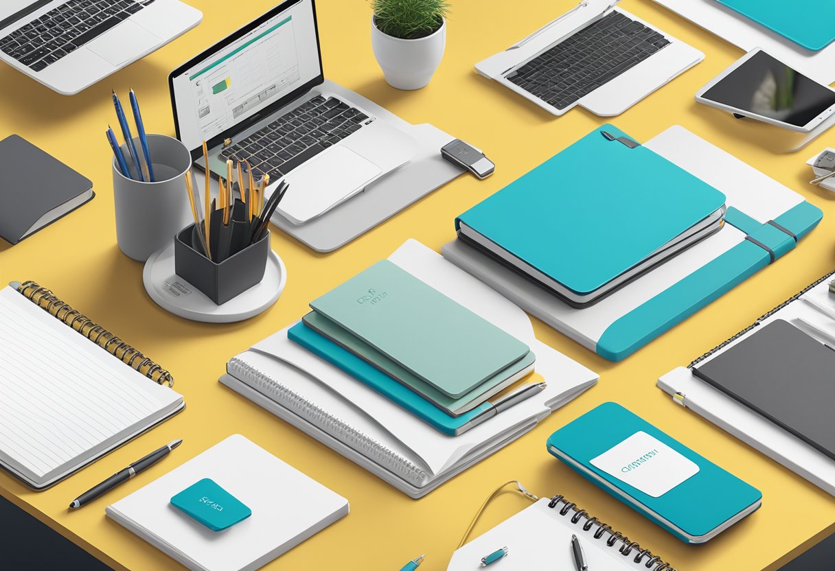 A table filled with unique, branded gifts: custom notebooks, engraved pens, and personalized tech accessories. Bright, modern office setting