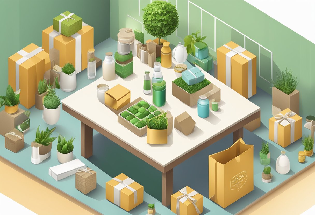 A table with eco-friendly products displayed, surrounded by corporate gift boxes
