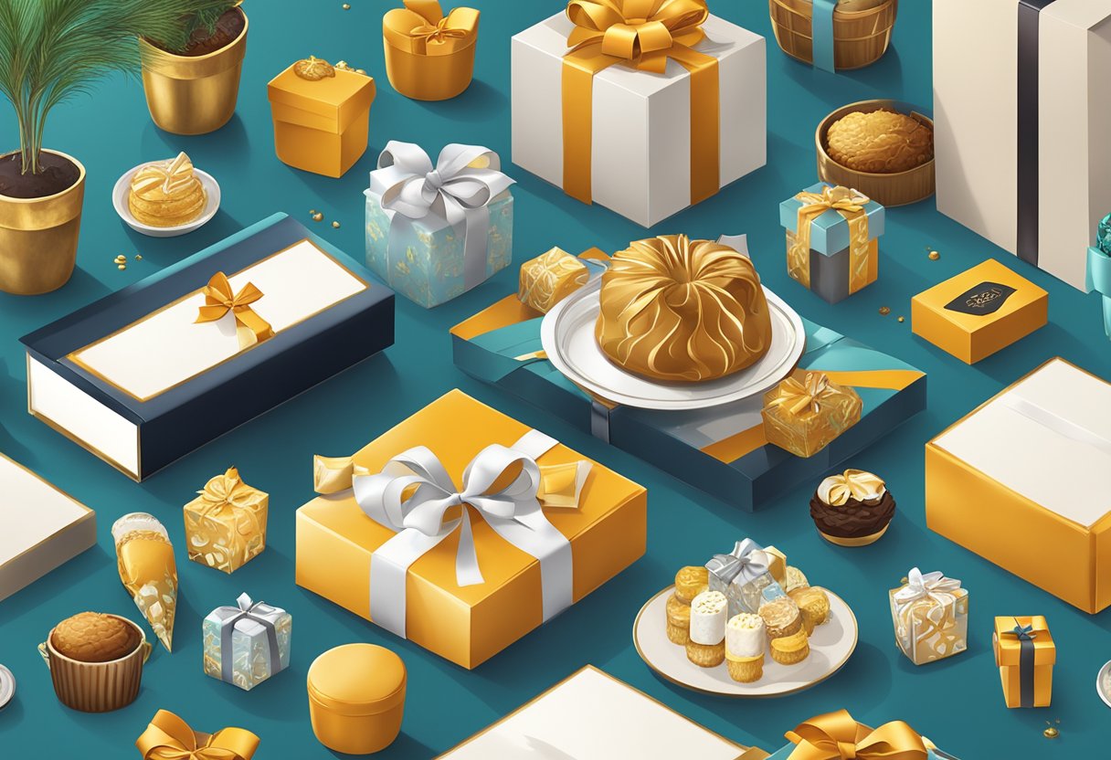 A table adorned with elegant corporate gifts, including branded items and gourmet treats, surrounded by festive decor