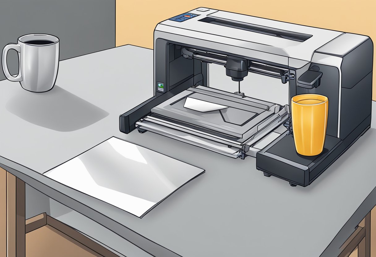 A mug sits on a table with a blank surface. A printing machine hovers above, ready to transfer a design onto the mug