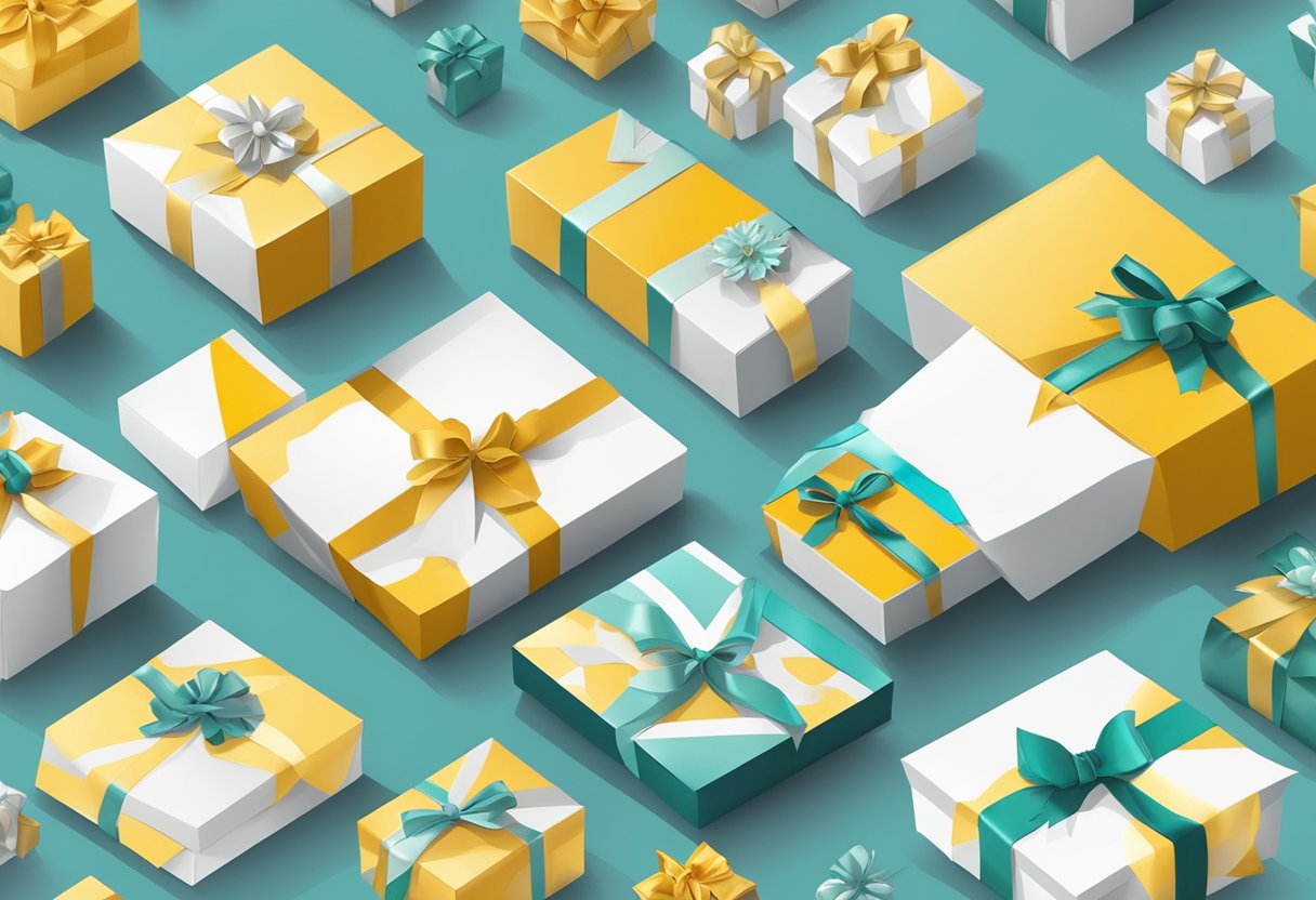 A table adorned with corporate customized gifts and paper wrapping, ready for gifting