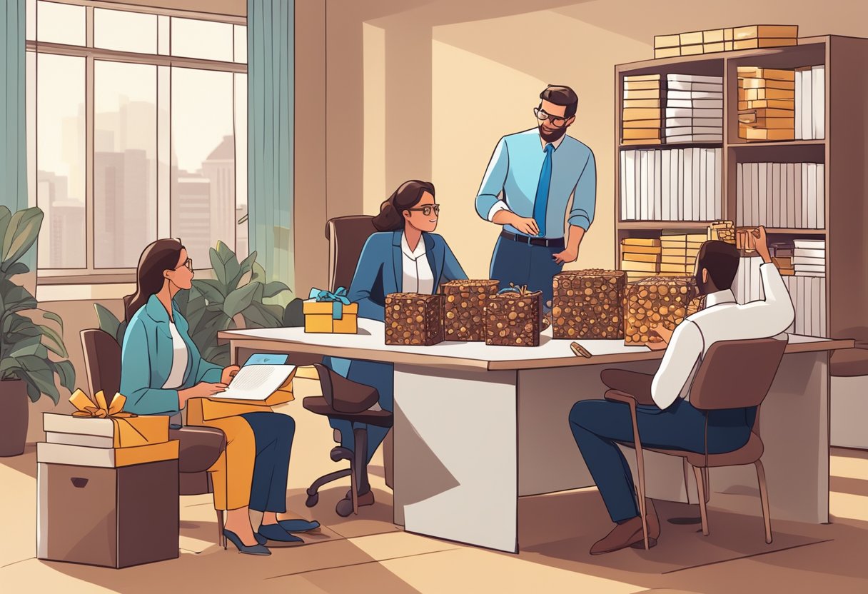 A table with assorted chocolate gift boxes, labeled "Frequently Asked Questions corporate chocolate gifts," surrounded by happy office workers