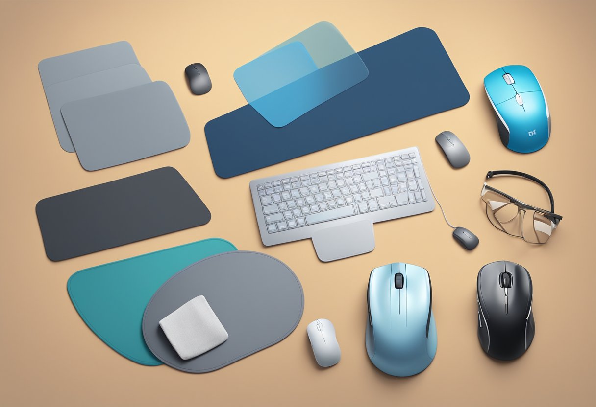 A variety of mouse pads arranged on a desk, including fabric, gel, and plastic ones in different shapes and sizes