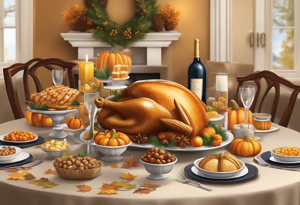 A table adorned with elegant Thanksgiving corporate gifts, including gourmet baskets and personalized items, surrounded by festive decor and a warm, inviting atmosphere