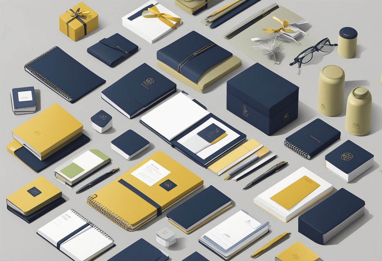 A stack of corporate gifts from Marks and Spencer with the company logo prominently displayed. Various items such as branded notebooks, pens, and luxury food hampers are neatly arranged on a sleek, modern table