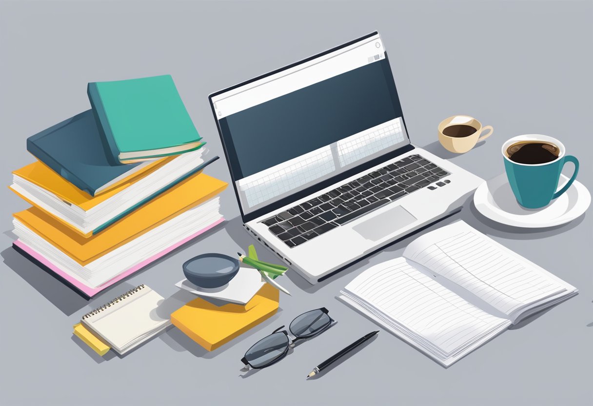 A table with a laptop, pen, and paper. A stack of gift catalogs and budget spreadsheets. A calculator and a cup of coffee