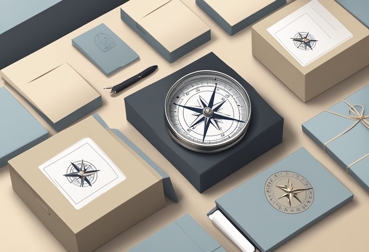 A compass with a corporate logo sits on a sleek desk next to a stack of gift boxes, ready for customisation and fulfilment