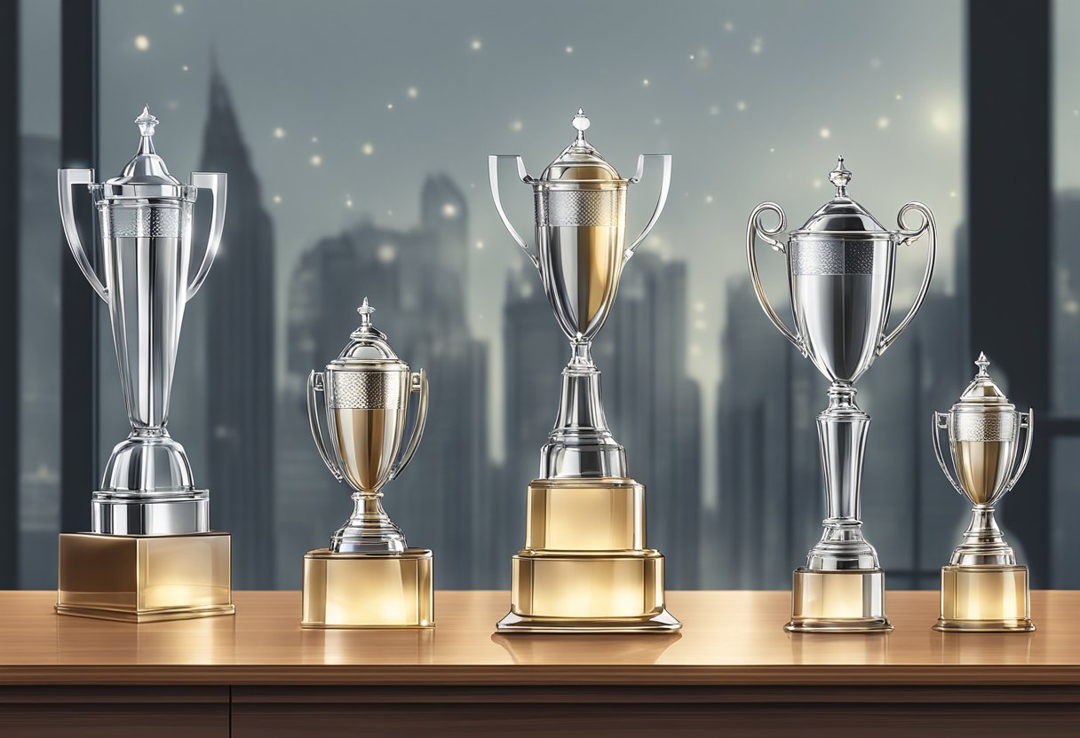 A sleek glass trophy sits on a polished wooden desk, reflecting the soft glow of the office lights. Its intricate design and high-quality craftsmanship make it a perfect corporate gift
