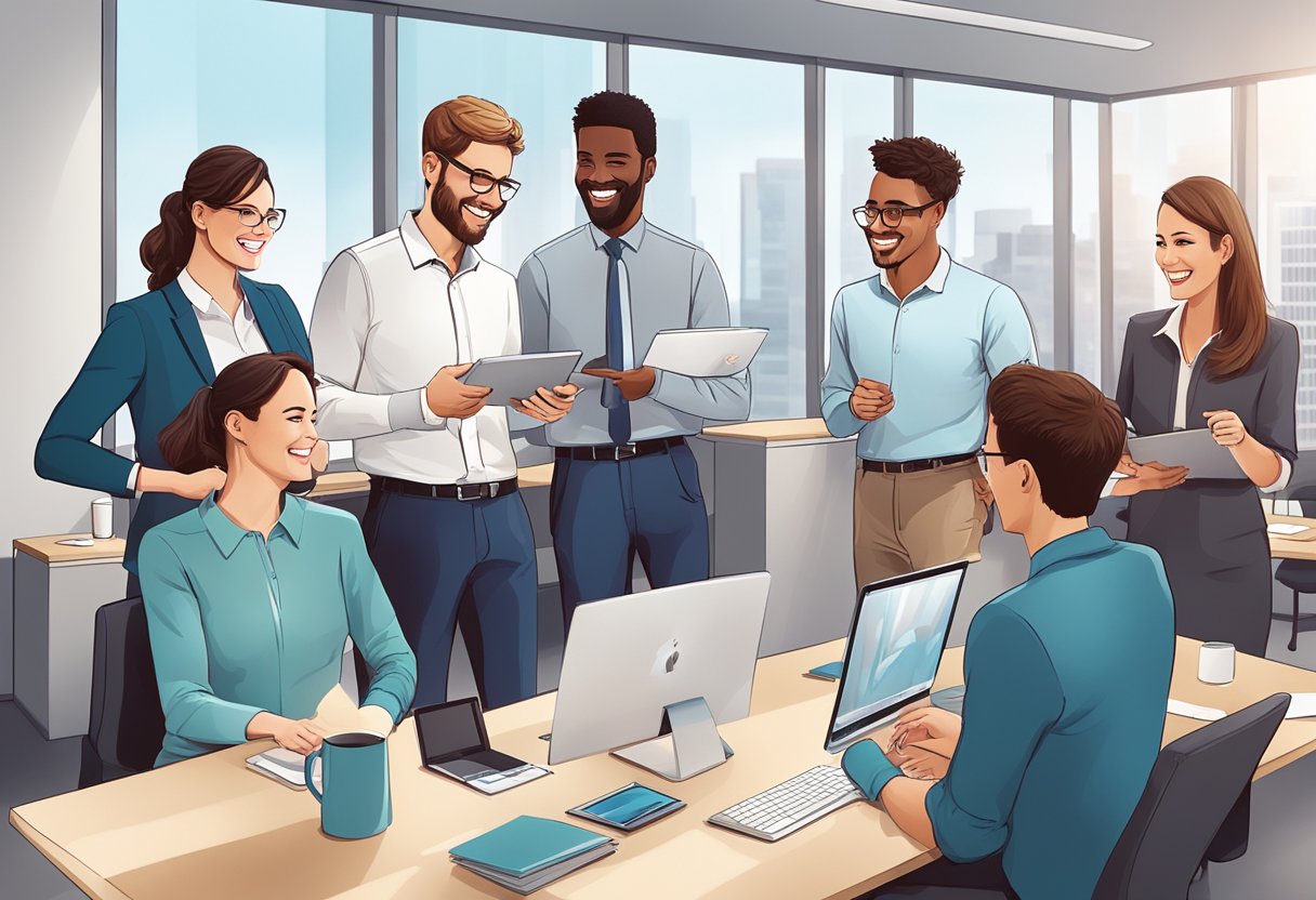 A group of corporate employees receive personalized gifts, smiling and engaging with each other in a bright, modern office space