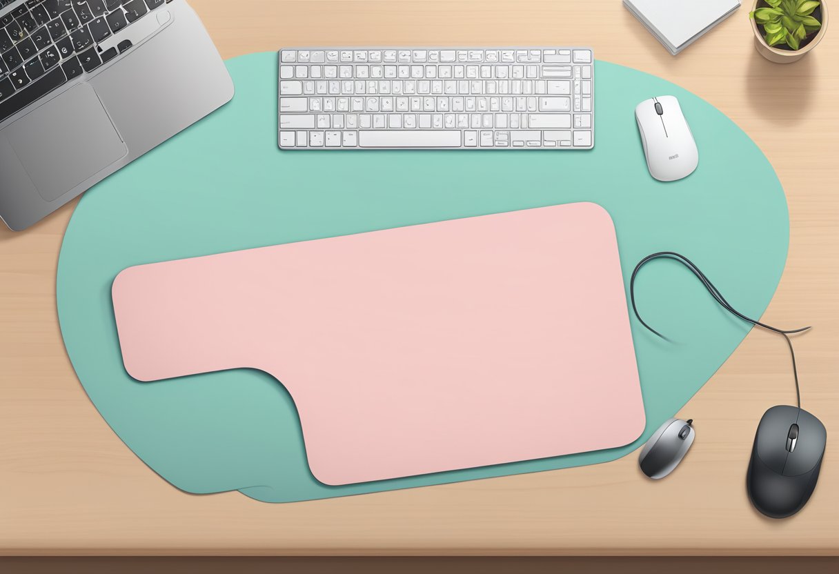 A mouse pad with a smooth surface, rounded edges, and a non-slip backing, placed on a desk next to a computer mouse and keyboard