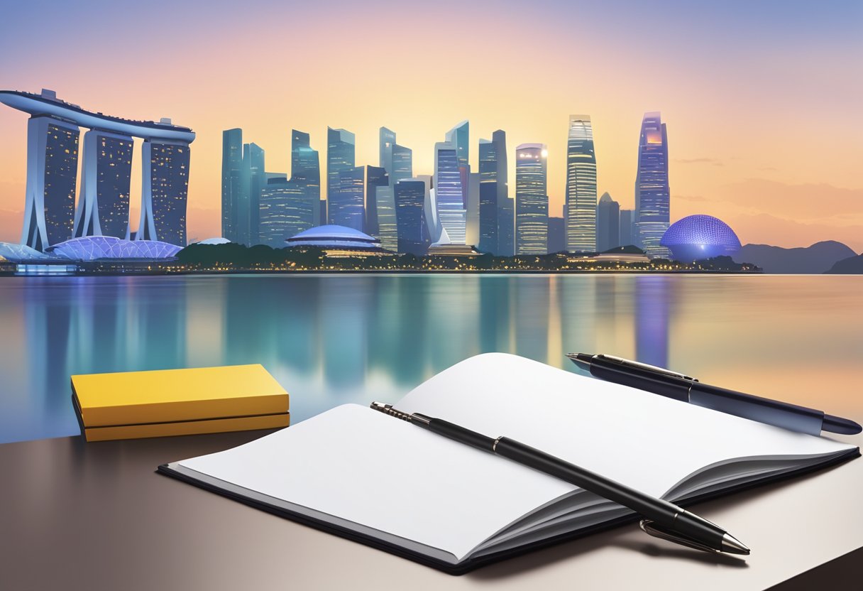 A corporate logo is being printed on a set of elegant notebooks and pens, with a backdrop of Singapore's iconic skyline