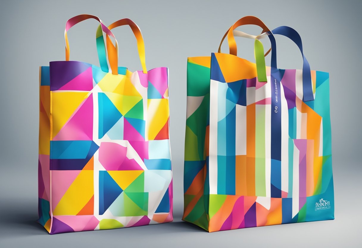 A colorful nylon shopping bag with customizable logo and branding options displayed on a clean, modern background