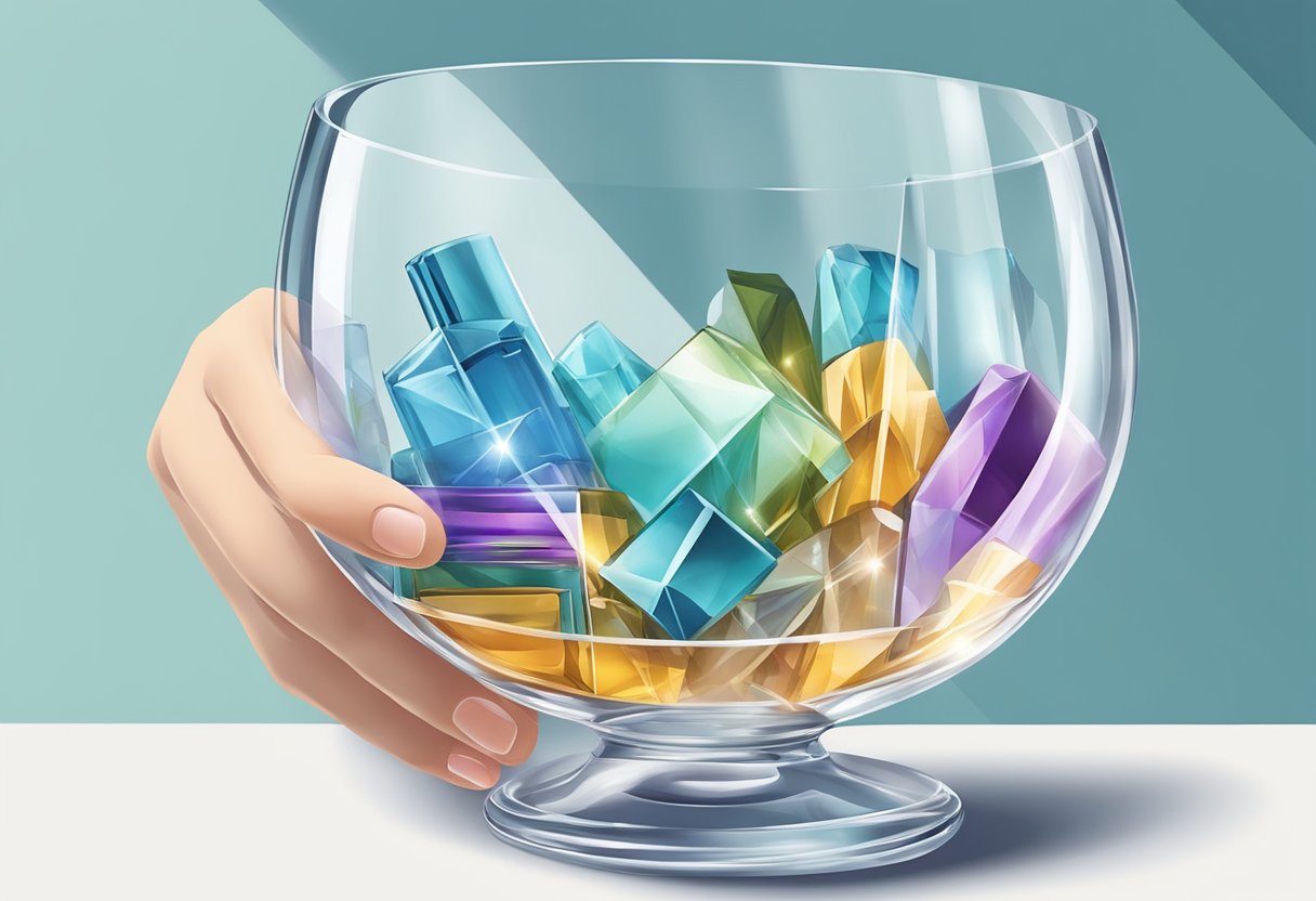 A hand reaches for a high-quality glass corporate gift among a selection of premium items