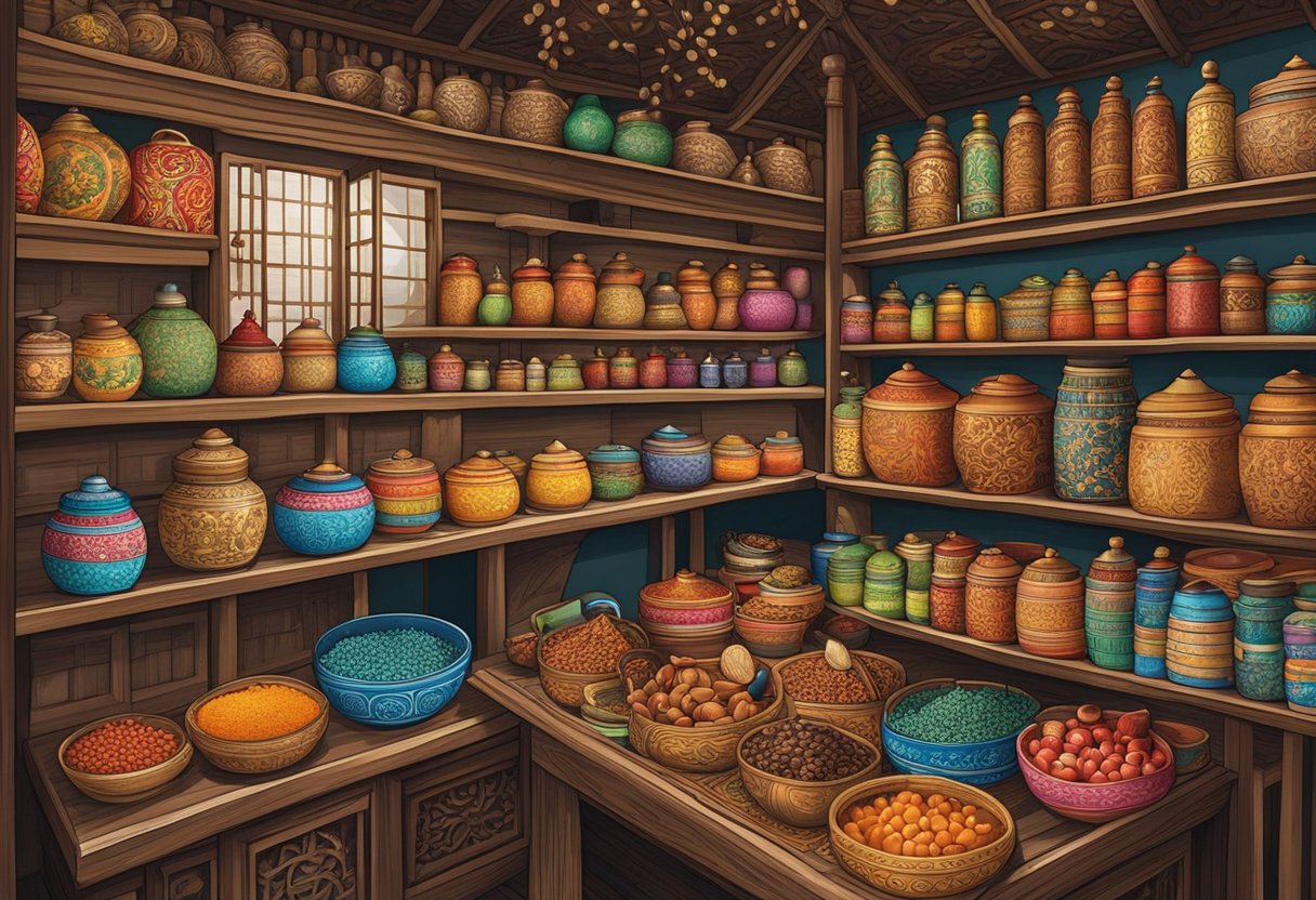 A colorful array of Nanyang gifts, including traditional crafts, spices, and textiles, are displayed on intricately carved wooden shelves in a bustling market