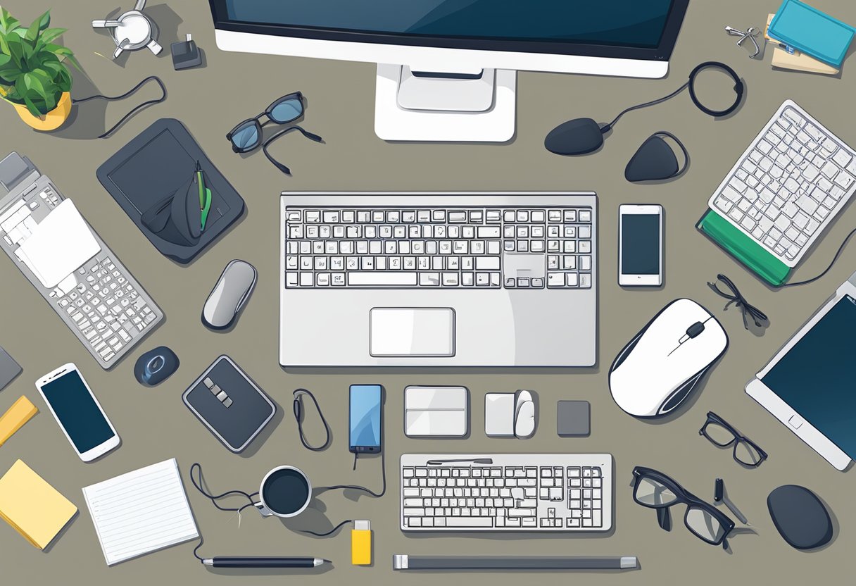 A mouse pad with "Frequently Asked Questions" text, surrounded by computer peripherals and office supplies