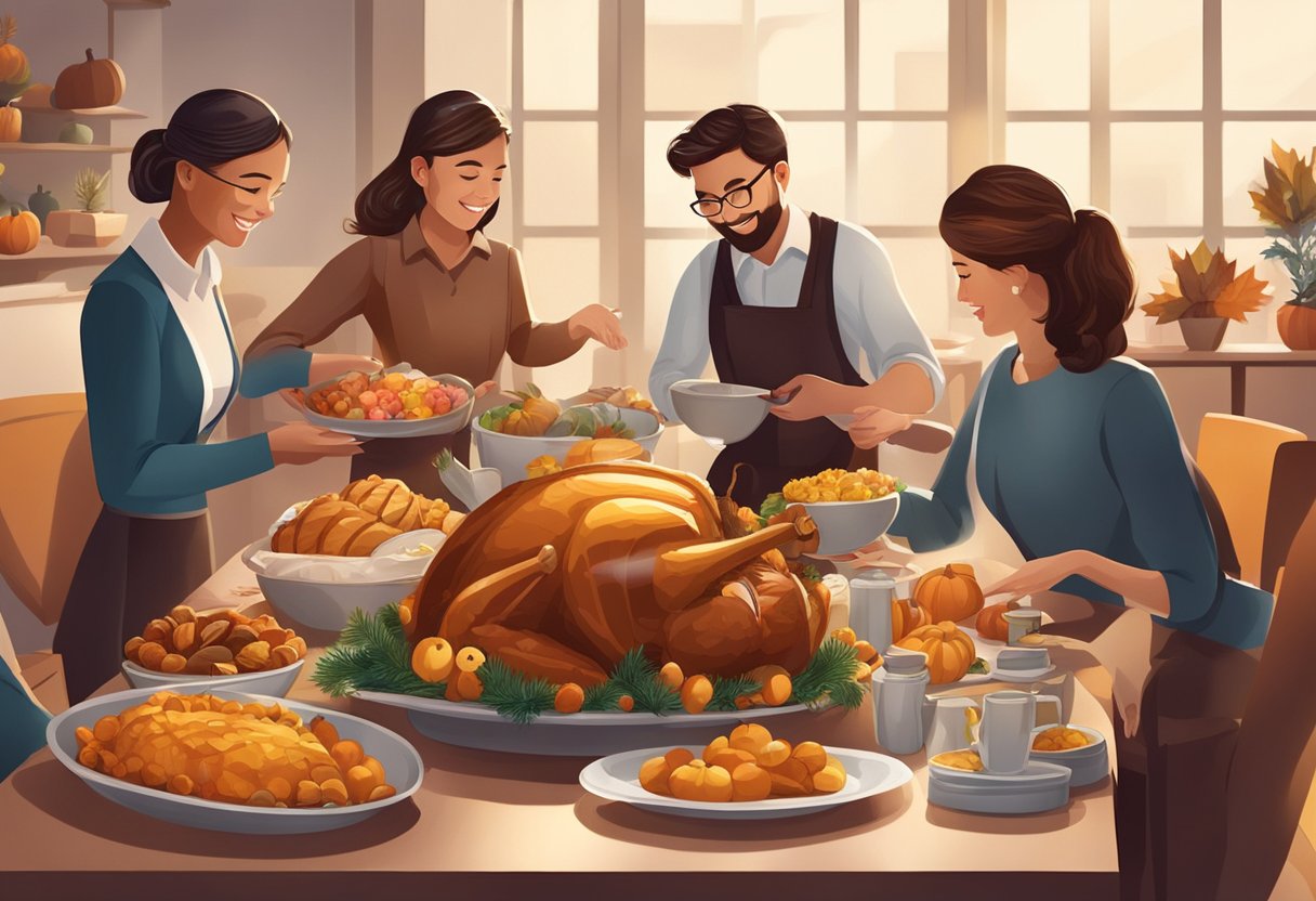 Employees gather around a table with festive Thanksgiving gifts and decorations, creating a warm and inviting atmosphere