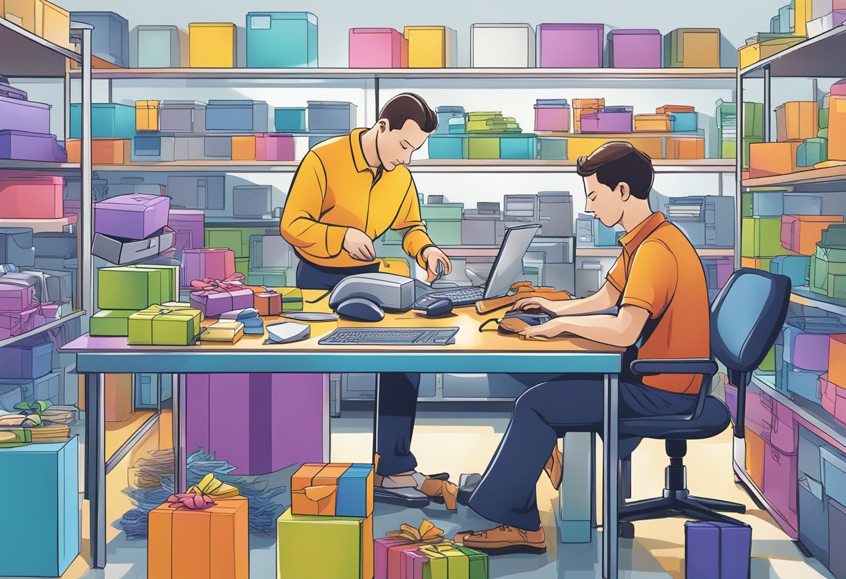 A mouse corporate gift maker carefully assembles custom-designed computer mice in a bright, organized workshop, surrounded by colorful packaging and a display of finished products