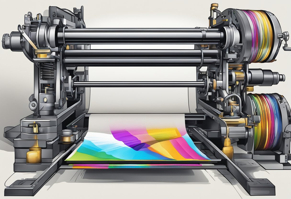 A printing press in action, transferring ink onto paper to create a colorful and detailed gift design