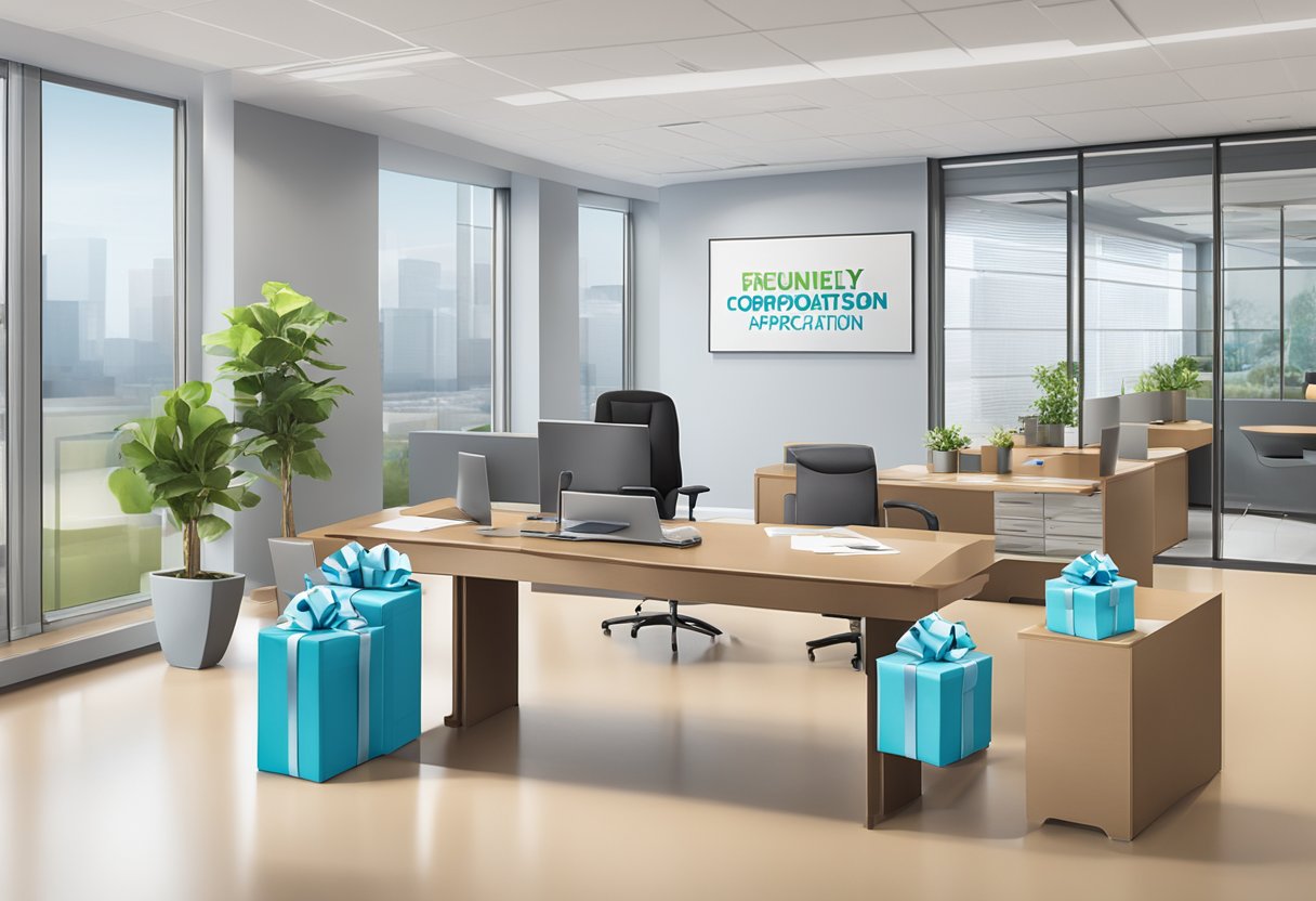 A table with branded gift packages and a sign reading "Frequently Asked Questions corporate appreciation gifts" displayed in a professional office setting