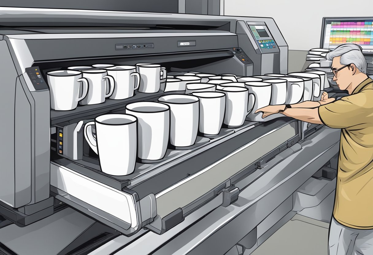 A stack of blank mugs lined up on a printing machine, with a technician adjusting the settings for the printing process