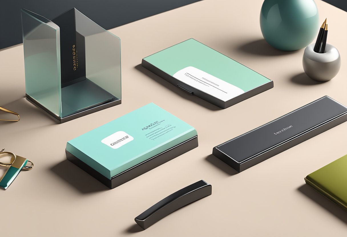 A sleek, modern business card holder sits on a polished desk, surrounded by elegant corporate gifts