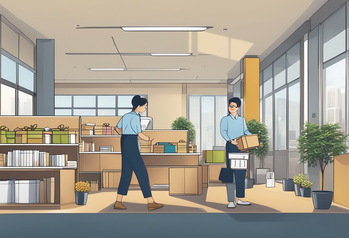 A corporate office setting with employees exchanging gift baskets and branded merchandise, with a prominent Nanyang Gifts logo displayed in the background