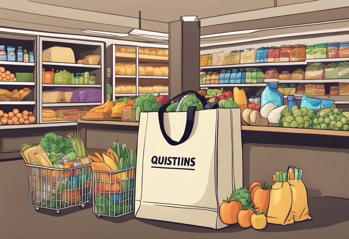 A nylon foldable shopping bag with "Frequently Asked Questions" printed on it, surrounded by various grocery items and a checkout counter in the background
